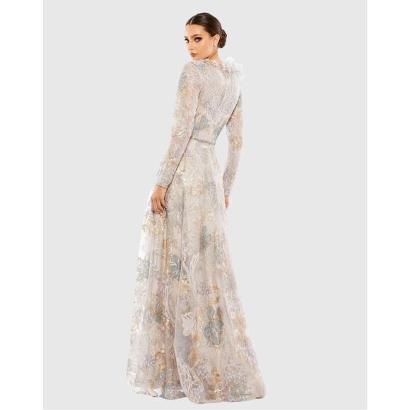 Mac Duggal Embellished Long Sleeve High Neck Rose Applique Gown - Picture 2 of 11